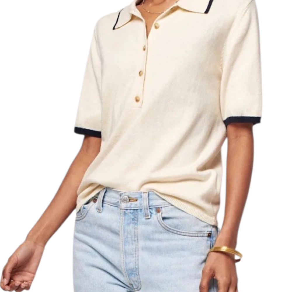 Faherty Game Set Sweater Polo Women's XS Vintage Cream Cotton Cashmere Knit Top